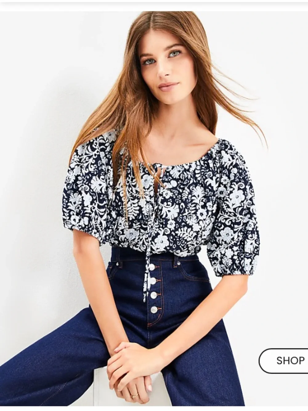 LOFT Navy and White Floral Puff-Sleeve Blouse